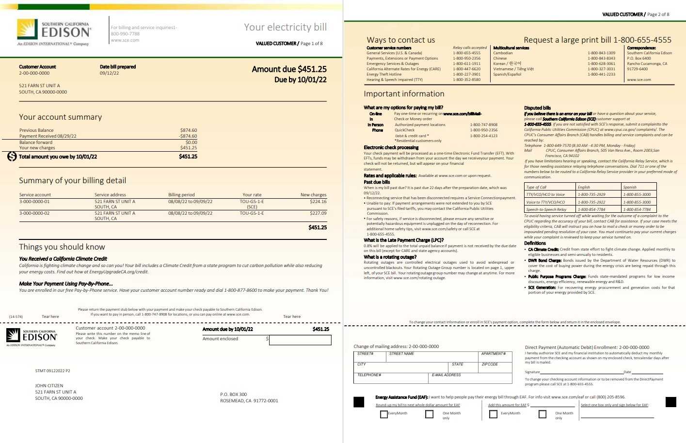 USA Southern California EDISON utility bill, Word and PDF template, 8 pages 1 2